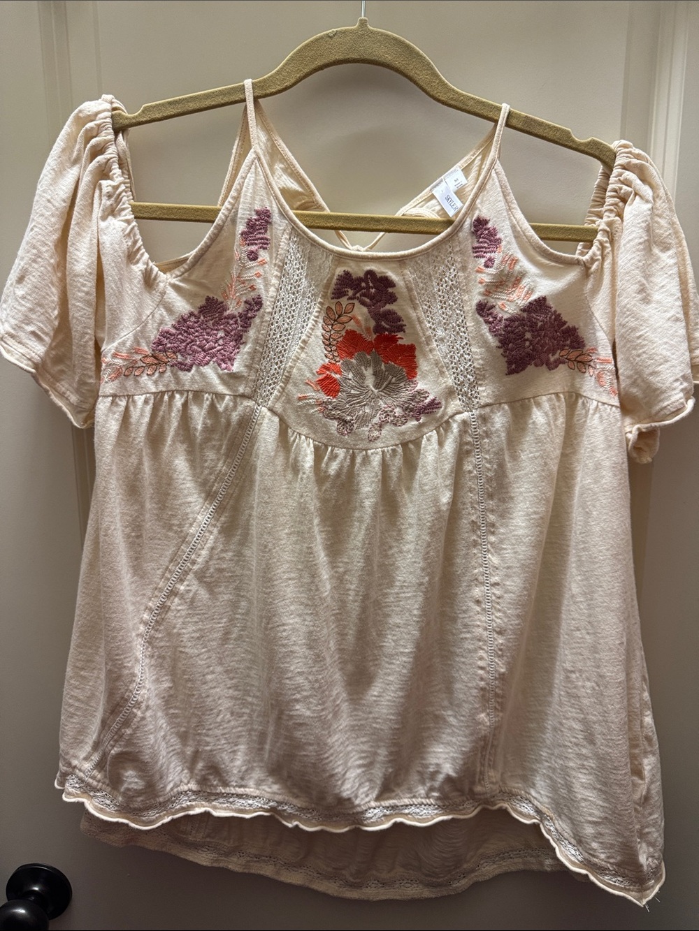 Cold-Shoulder Embroidered Peasant Tunic - Cream with Floral Accents